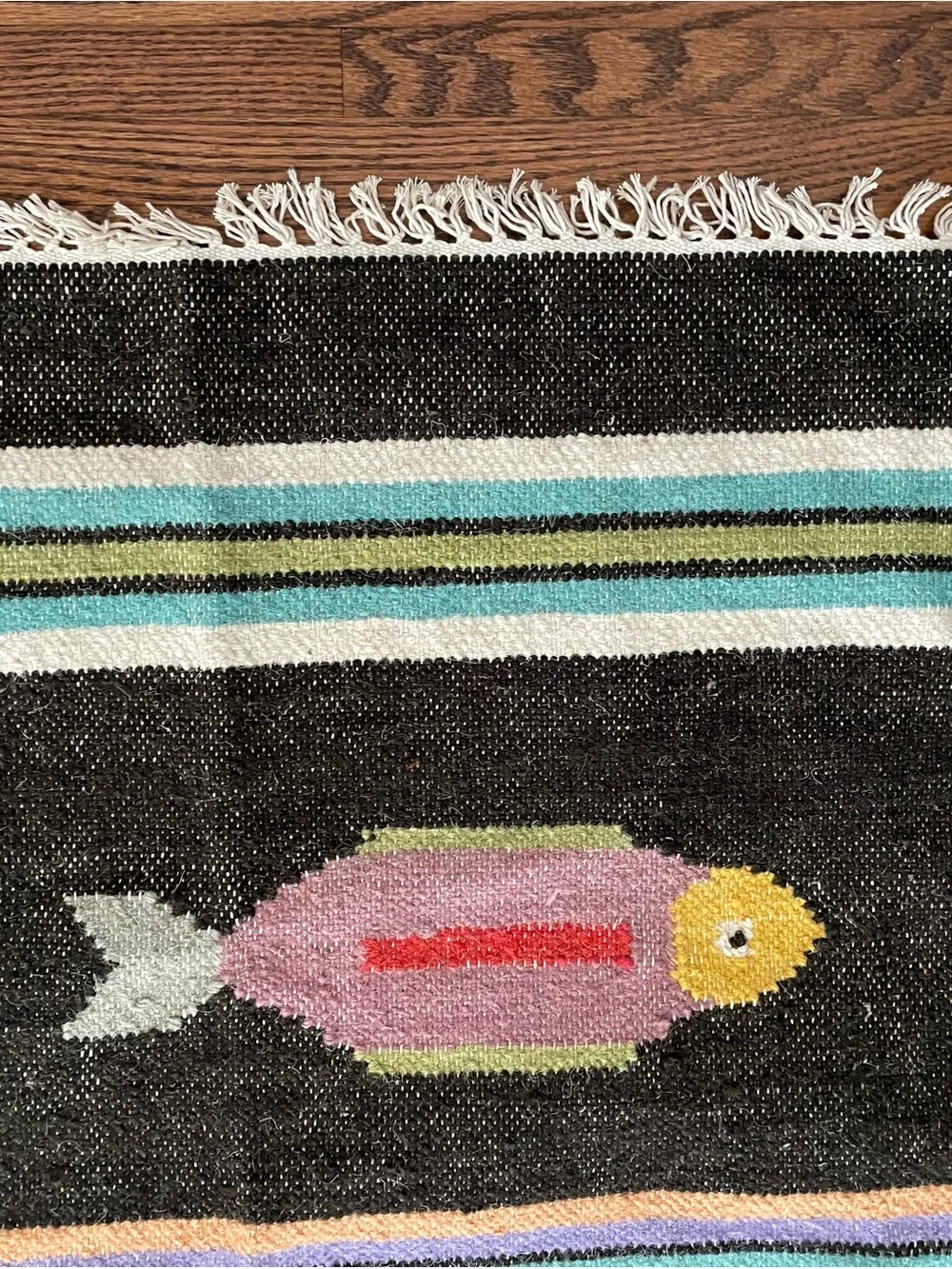 Woven 2x3 Fish Motifs Accent Kilim Rug Black Multicolor Striped with Fringe